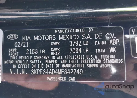 2021 Kia Forte Gt-Line z USA, uszkodzony, nr VIN 3KPF34AD4ME342249